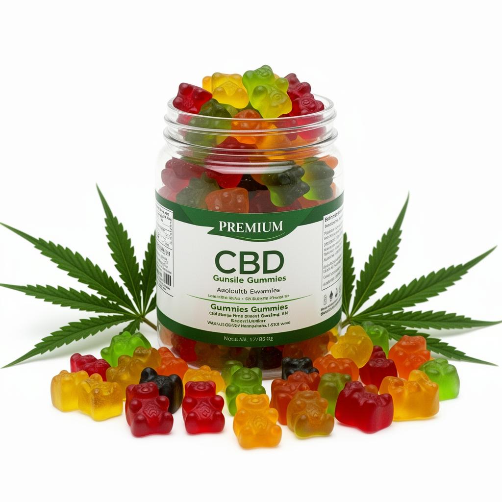 Cheap CBD Gummies jar with colorful gummies and hemp leaves